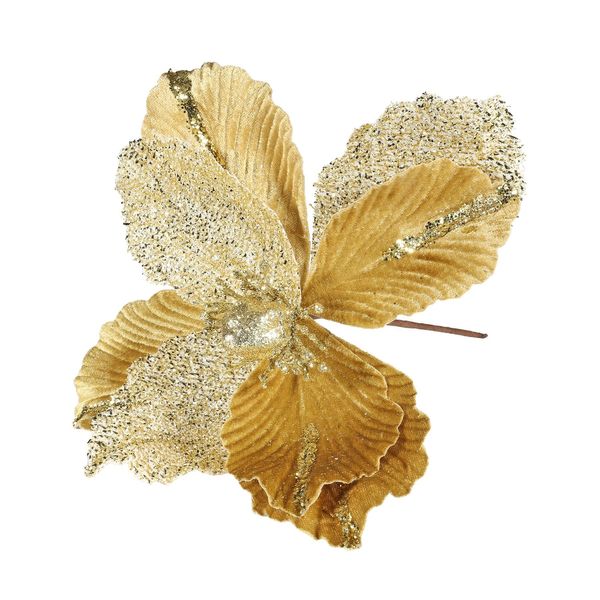 Velvet Magnolia with glitter leaf 26cm Gold