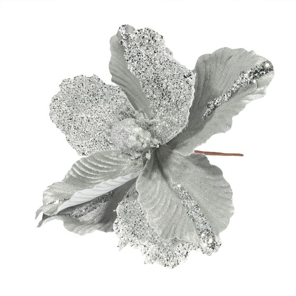 Velvet Magnolia with glitter leaf 26cm Silver 
