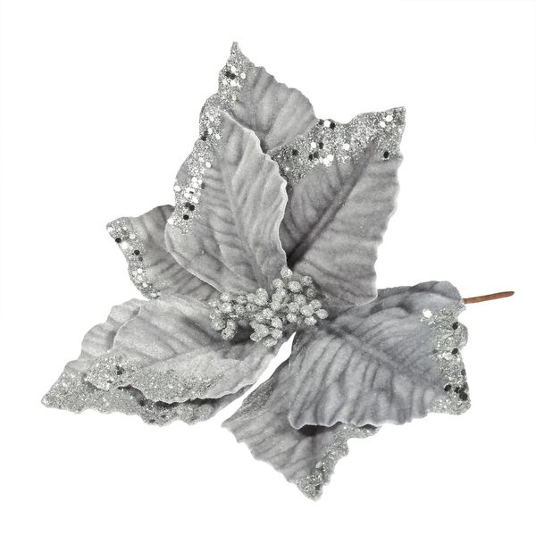 Velvet Poinsettia with Glitter edge 24cm Silver