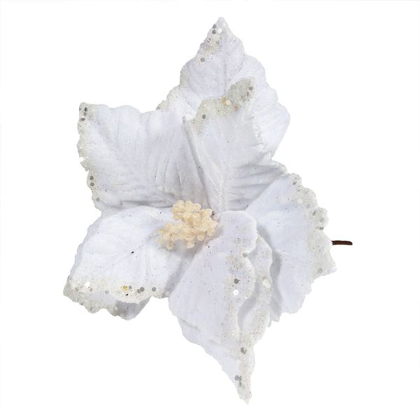 Velvet Poinsettia with Glitter edge 24cm White