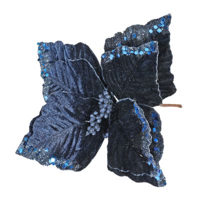 Velvet Poinsettia with Glitter edge 24cm Navy