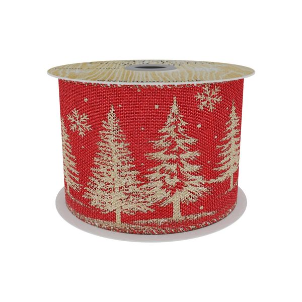 Red Mesh Ribbon with Gold Xmas Tree Print  63mm x 10yd