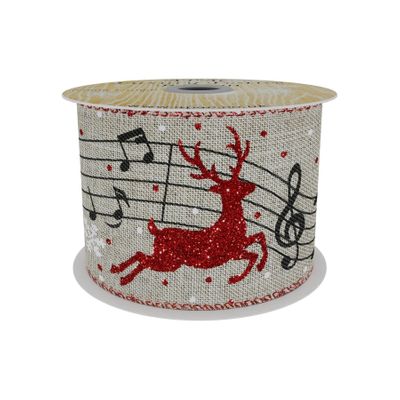 Natural Ribbon With Red Reindeer and Musical Notes 63mm x 10yd