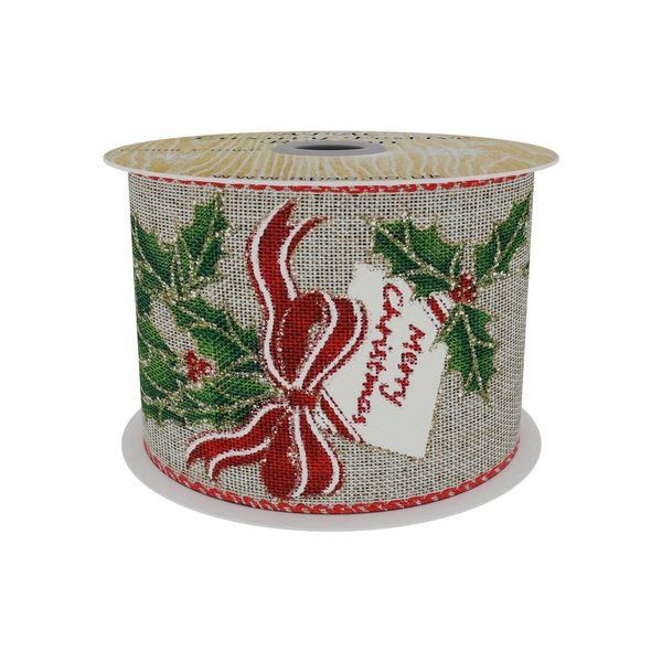 Natural Ribbon with Holly & Bow Print 63mm x 10yd