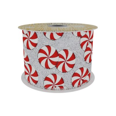 Silver Colour Ribbon with Candy Circle Print  Red/White 63mm x 10yd