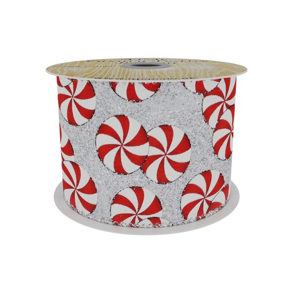 Silver Colour Ribbon with Candy Circle Print  Red/White 63mm x 10yd