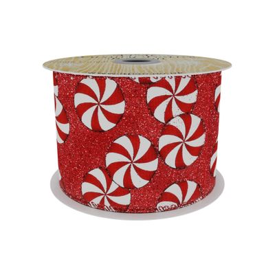 Red Colour Ribbon with Candy Circle Print  Red/White 63mm x 10yd