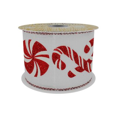 Taffeta Ribbon  with Candy Cane Print  Red/white 63mm x 10yd