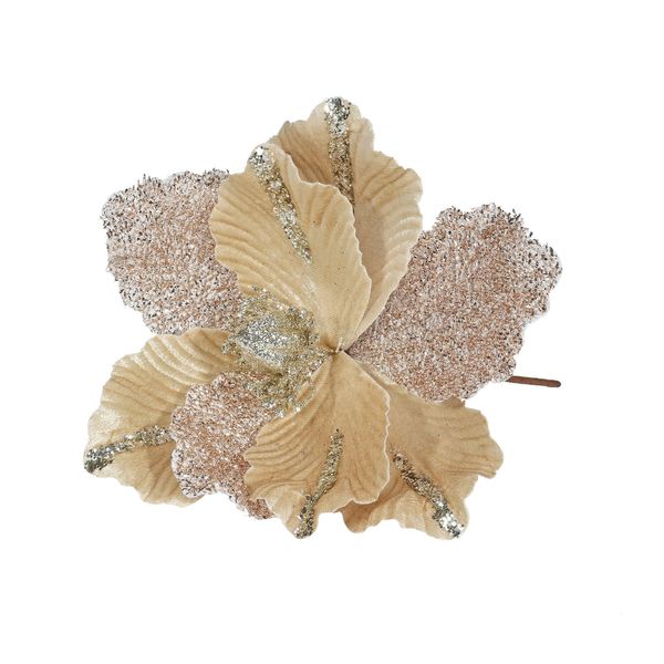 Velvet Magnolia with glitter leaf 26cm Champagne