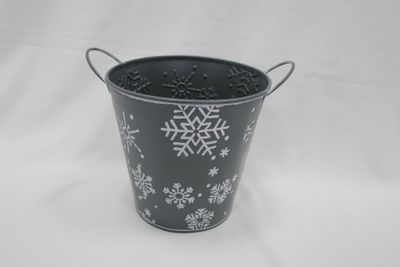 Matte grey round zinc planter with white snowflakes