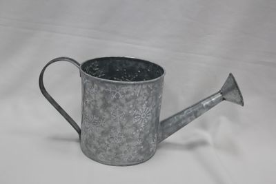 Silver zinc watering can with white snowflakes