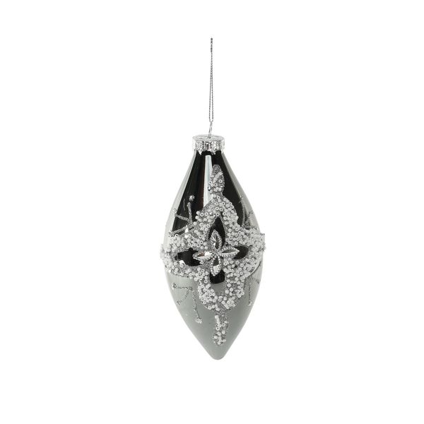 16cm Glass Teardrop Pewter w Gem Flowers