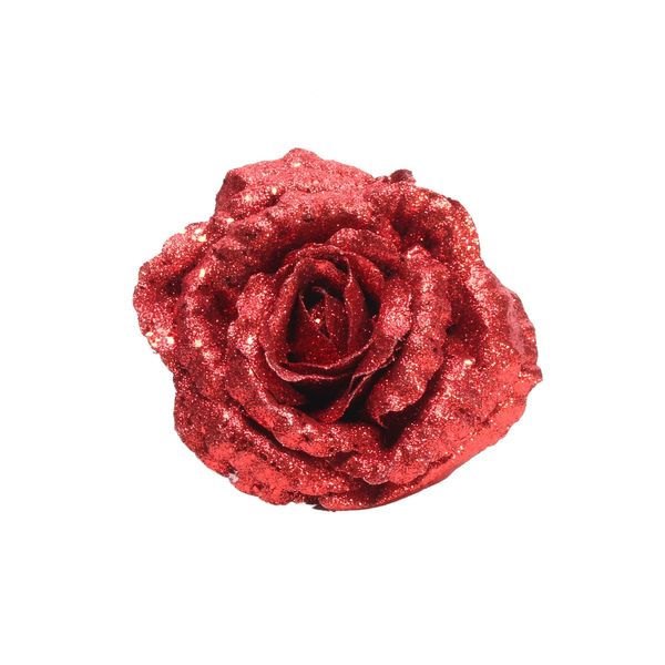18cm Glittered Rose w/Clip - RED