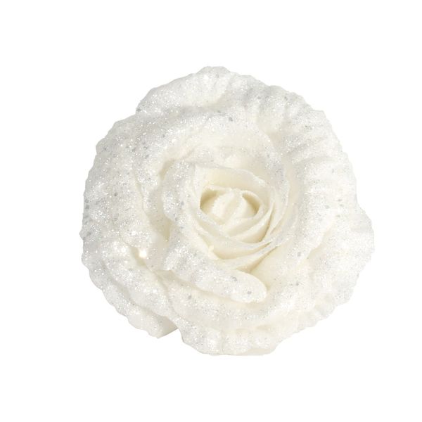 18cm Glittered Rose w/Clip - WHITE