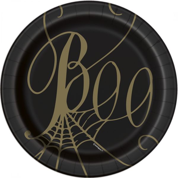 Black and Gold Spider Web Boo Plates (7 Inch)