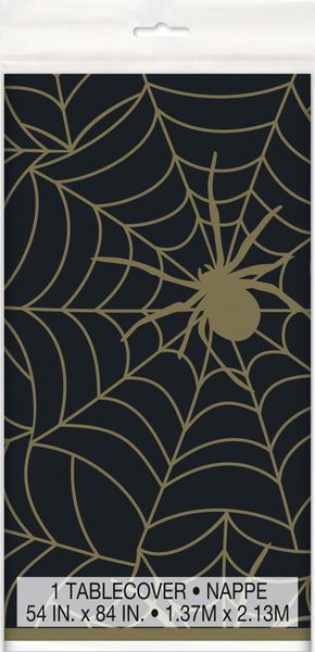 Black and Gold Spider Web Plastic Tablecover (54 x 84 Inch)