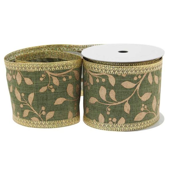Green and Gold Leaf Ribbon (63mm)