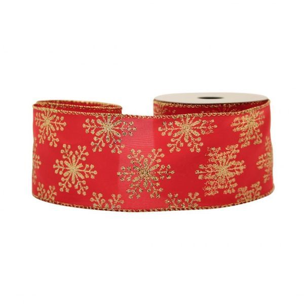 10yds Snowflakes Satin Red With Gold 63mm