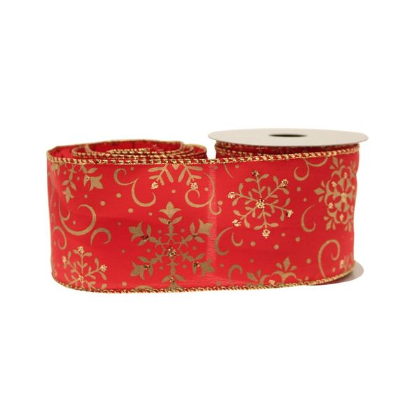 10yds Snowflakes Satin Red With Gold Glitter 63mm