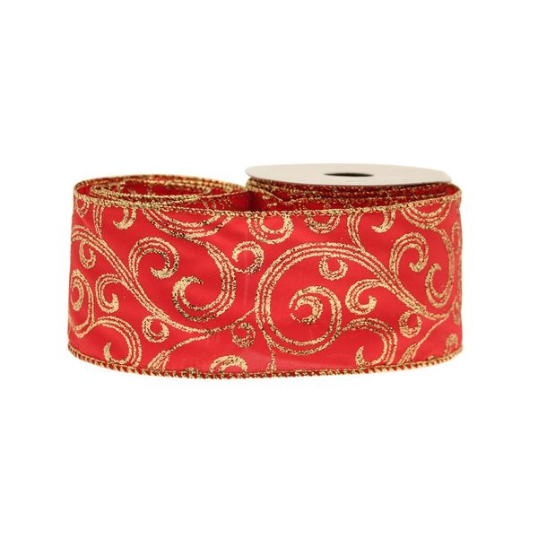A roll of red satin ribbon, with gold glitter swirls.  Great for displays and packaging