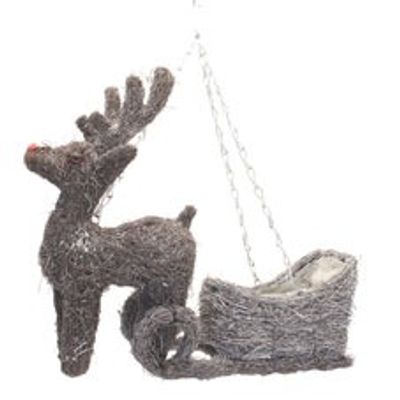 Silver Reindeer and Sleigh Hanging Basket
