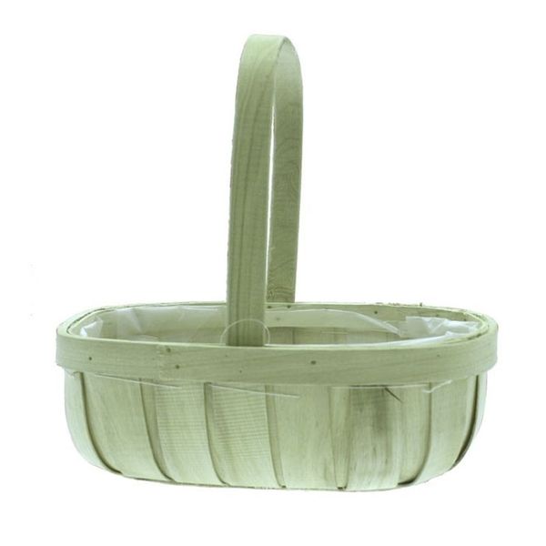 A pink softwood trug basket. This trug basket features a plastic liner
