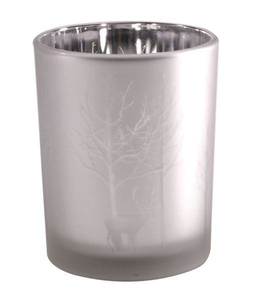 silver votive with trees and reindeer