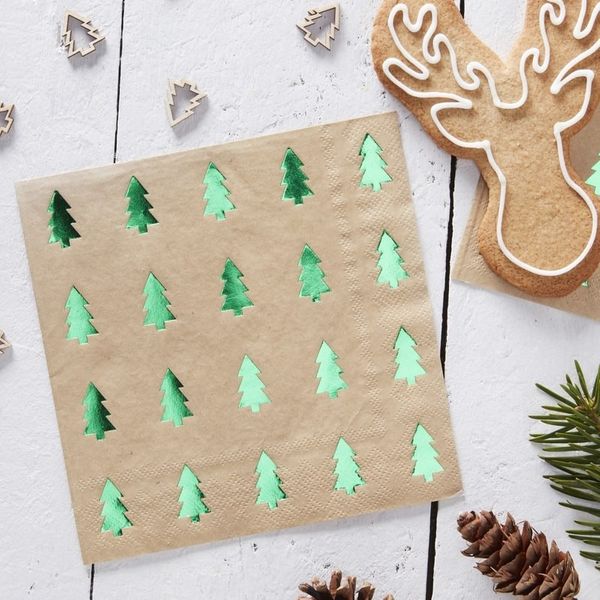 Green Foiled & Kraft Christmas Tree Napkins