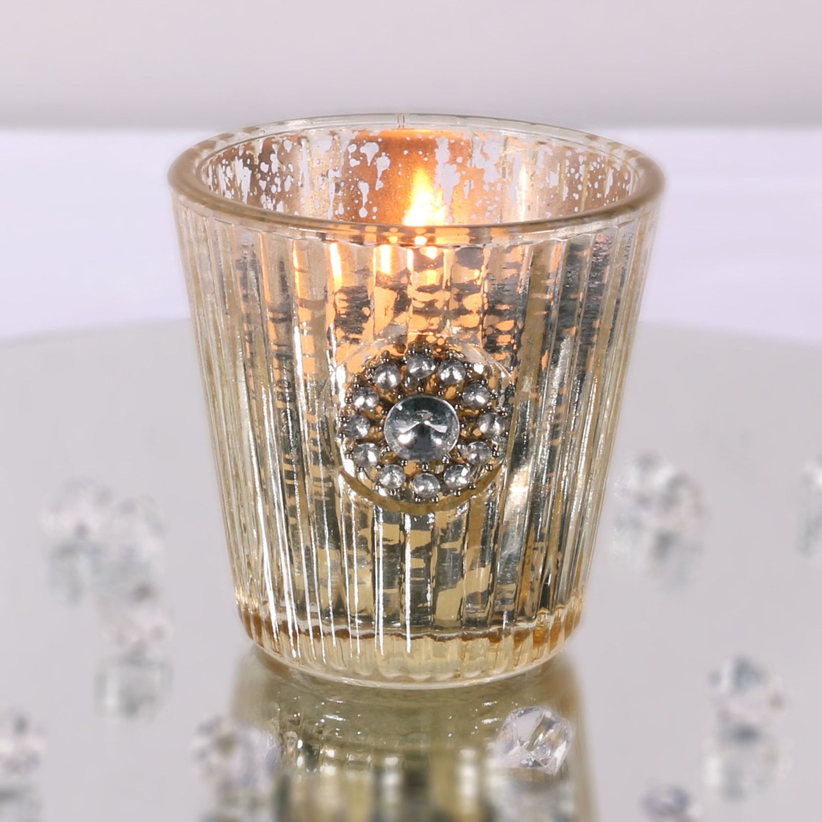 7.5cm Embellished Gold Glass Candle Holder PartyBits2Go