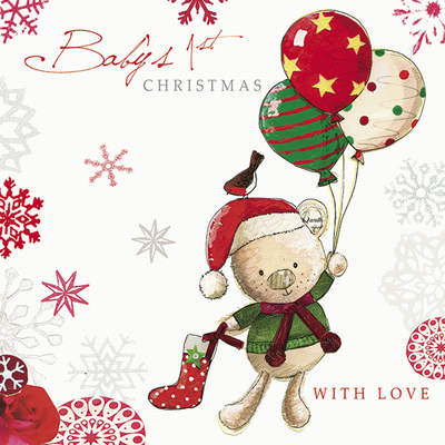 Teddy with balloons - Babys 1st Christmas greetings card