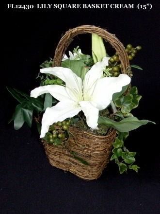 Artificial Flowers Cream Lilies in a Square Basket